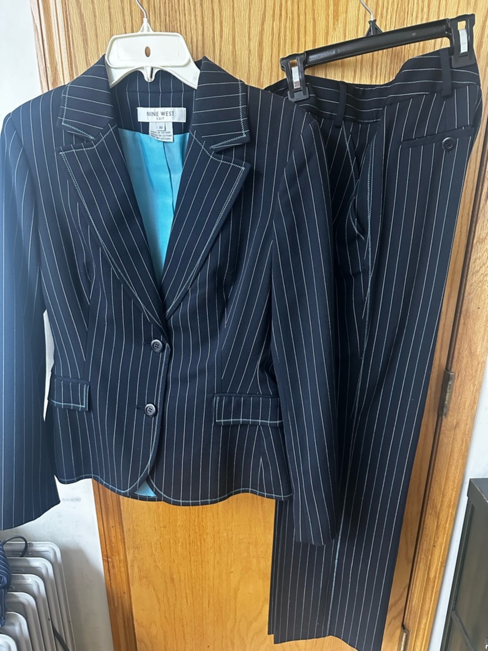 Nine West Navy Pinstripe Women's Blazer & Pants Set